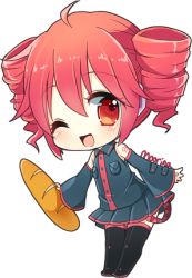 Rule 34 | 1girl, ;d, artist name, bad id, bad pixiv id, baguette, black thighhighs, bread, chibi, detached sleeves, drill hair, food, full body, kasane teto, lowres, moorina, no nose, one eye closed, open mouth, red eyes, red hair, short hair, short twintails, skirt, smile, solo, thighhighs, transparent background, twin drills, twintails, utau, vocaloid, white background, wink