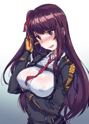 Rule 34 | 1girl, aningay, bad id, bad twitter id, blush, breast hold, breasts, covered erect nipples, framed breasts, girls&#039; frontline, gloves, gradient background, hair ribbon, highres, large breasts, long hair, looking at viewer, necktie, one side up, open mouth, pink eyes, purple hair, ribbon, see-through, simple background, single sidelock, solo, wa2000 (girls&#039; frontline), wet, wet hair