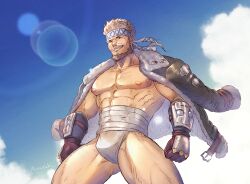 Rule 34 | 1boy, abs, bara, bare pectorals, beard, blurry, bokeh, bulge, clenched hands, cowboy shot, depth of field, facial hair, full beard, fundoshi, gluteal fold, granblue fantasy, granblue fantasy versus, highres, jacket, jacket on shoulders, japanese clothes, large pectorals, male focus, mature male, midriff sarashi, muscular, muscular male, mustache, navel, nipples, no shirt, old, old man, pectorals, sarashi, smile, solo, soriz, standing, thick beard, thick eyebrows, thick thighs, thighs, ya su yu ki