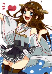 Rule 34 | 10s, 1girl, :d, ahoge, aqua eyes, bare shoulders, black thighhighs, brown hair, detached sleeves, frilled skirt, frills, fuuku (cherrymixer), hair bun, hairband, heart, japanese clothes, kantai collection, kongou (kancolle), lace, lace-trimmed legwear, lace trim, looking at viewer, nontraditional miko, open mouth, pleated skirt, single hair bun, skirt, smile, solo, thighhighs, zettai ryouiki