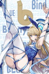 Rule 34 | 1girl, absurdres, animal ears, blonde hair, blue archive, blue bow, blue eyes, blue footwear, blue leotard, blue ribbon, blush, bow, breasts, detached collar, earpiece, earrings, english text, entangled, fake animal ears, hanahashi bagara, highres, jewelry, leotard, long hair, open mouth, rabbit ears, rabbit tail, ribbon, skindentation, small breasts, solo, tail, text background, thighhighs, toki (blue archive), toki (bunny) (blue archive), v, very long hair, white thighhighs, wrist cuffs