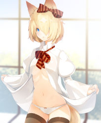 Rule 34 | 1girl, animal ears, black thighhighs, blonde hair, blouse, blue eyes, blurry, bow, bow panties, breasts, brown thighhighs, clothes lift, cowboy shot, day, depth of field, fox ears, hair bow, hair over one eye, highres, lifted by self, meth (emethmeth), navel, no pants, open clothes, open shirt, original, panties, shirt, shirt lift, short hair, small breasts, solo, tail, thighhighs, underwear, white panties, white shirt