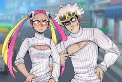 Rule 34 | 1boy, 1girl, blush, breasts, building, cleavage, cleavage cutout, clothing cutout, creatures (company), dark skin, game freak, guzma (pokemon), hand on own hip, looking at viewer, makeup, mascara, multicolored hair, nintendo, nipple slip, nipples, outdoors, pink hair, plumeria (pokemon), pokemon, pokemon sm, road, smile, street, sweatdrop, sweater, team skull, tesazombie, turtleneck, twintails, two-tone hair, upper body, wavy hair, white hair, yellow eyes