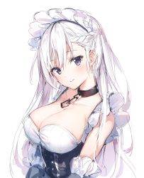 Rule 34 | 1girl, absurdres, azur lane, belfast (azur lane), blush, braid, breasts, cleavage, closed mouth, frills, hair between eyes, highres, large breasts, long hair, looking at viewer, maid, maid headdress, purple eyes, revision, simple background, smile, solo, tsurime, umibouzu (niito), upper body, white background, white hair