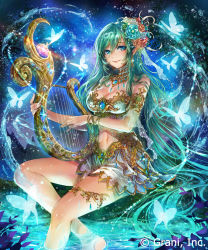 Rule 34 | 1girl, bare shoulders, barefoot, blue eyes, breasts, bug, butterfly, cleavage, detached sleeves, earrings, elf, flower, gem, green hair, hair flower, hair ornament, harp, bug, instrument, jewelry, large breasts, lips, long hair, looking at viewer, midriff, navel, necklace, official art, pointy ears, poshii (posy), shingoku no valhalla gate, sitting, smile, solo, very long hair