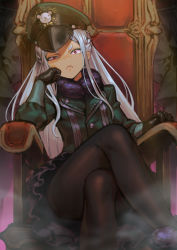 Rule 34 | 1girl, black gloves, black pantyhose, breasts, chyko7080, crossed legs, elbow gloves, gloves, hat, jacket, long hair, long sleeves, looking at viewer, military, military hat, military uniform, original, pantyhose, red eyes, silver hair, sitting, skirt, small breasts, solo, throne, uniform