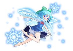 Rule 34 | 1girl, barefoot, bloomers, blue eyes, blue hair, bow, cirno, full body, hair bow, ice, ice wings, leg lift, looking back, matching hair/eyes, simple background, snowflakes, solo, touhou, transparent background, underwear, wings, z.o.b