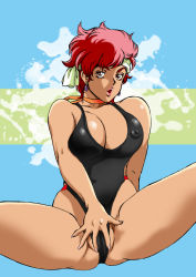 Rule 34 | 1980s (style), 1girl, :o, bare arms, bare legs, black one-piece swimsuit, breasts, brown eyes, cameltoe, choker, cleavage, covered erect nipples, dirty pair, earrings, female focus, gradient background, groin, highres, jewelry, kei (dirty pair), kugayama hodai, large breasts, legs, looking at viewer, medium hair, navel, oldschool, one-piece swimsuit, open mouth, red hair, retro artstyle, simple background, sitting, solo, spread legs, swimsuit, thighs