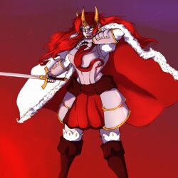 Rule 34 | 1girl, angry, armor, belt, blue eyes, boots, boudica (fate), boudica (third ascension) (fate), brown footwear, cape, circlet, cloak, commentary, crown, english commentary, fate/grand order, fate (series), faulds, fire, full body, fur-trimmed cape, fur trim, gauntlets, gem, giltori, glaring, gold trim, gradient background, holding, holding sword, holding weapon, light particles, long hair, messy hair, open mouth, purple sky, red cloak, red gemstone, red hair, red light, red skirt, redesign, sidelighting, sketch, skirt, sky, solo, standing, sword, teeth, two-sided cloak, two-sided fabric, upper teeth only, weapon, white cloak, wiping mouth