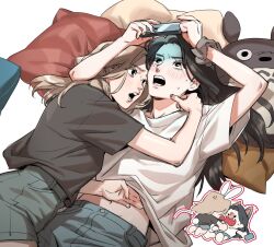 Rule 34 | 2girls, animal ears, black eyes, black shirt, blonde hair, blush, brown hair, cellphone, chibi, chibi inset, cho mi-yeon, commentary, cuddling, denim, denim shorts, fang, g-i-dle, gracepago0314, hand on another&#039;s stomach, highres, holding, holding phone, long hair, looking at another, lying, multiple girls, on back, open mouth, phone, pillow, rabbit ears, real life, scrunchie, shirt, short sleeves, shorts, simple background, smartphone, sweatdrop, tonari no totoro, totoro, white background, white shirt, wrist scrunchie, yeh shuhua, yuri