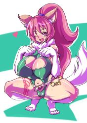 Rule 34 | 1girl, animal ears, animal hands, armlet, blush, breasts, cleavage, cleft of venus, curvy, female focus, fur trim, gloves, happy, high ponytail, huge breasts, kanriken, leotard, long hair, looking at viewer, open mouth, partially visible vulva, paw gloves, perisie (star ocean), pink eyes, shiny skin, simple background, smile, solo, star ocean, star ocean first departure, sweat, tail, very long hair