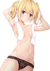 Rule 34 | 1girl, black panties, blonde hair, breasts, chloe (princess connect!), closed mouth, collarbone, highres, looking at viewer, medium breasts, mia (kuja999), navel, panties, pointy ears, princess connect!, purple eyes, short hair, simple background, solo, topless, towel, twintails, underwear, underwear only, wet, white background