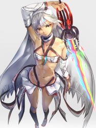 Rule 34 | 10s, 1girl, altera (fate), arm up, artist request, bad id, bad pixiv id, bare shoulders, black legwear, closed mouth, commentary request, dark skin, dark-skinned female, detached sleeves, fate/extella, fate/extra, fate/grand order, fate (series), from above, highres, holding, holding sword, holding weapon, kaigo, midriff, navel, photon ray (fate), red eyes, short hair, simple background, solo, sword, veil, weapon, white hair