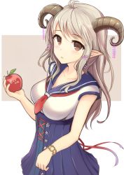 Rule 34 | 1girl, apple, blue sailor collar, blush, brown eyes, collarbone, dress, english text, flower, food, fruit, hair flower, hair ornament, holding, holding food, holding fruit, horns, long hair, looking at viewer, neckerchief, original, pointy ears, red ribbon, ribbon, sailor collar, sailor dress, sakura ani, short sleeves, sidelocks, silver hair, simple background, solo, watch, wristwatch