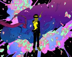 Rule 34 | 2boys, abstract background, arm at side, black background, color contrast, explosion, facing viewer, full body, gakuran, highres, inset, kageyama shigeo, limited palette, looking at viewer, memotyoumemo, mob psycho 100, multiple boys, projected inset, reaching, reaching towards viewer, reigen arataka, school uniform, short hair, standing