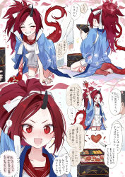 Rule 34 | 1boy, 1girl, absurdres, all fours, back, bento, blue archive, blue kimono, blush, breasts, closed eyes, dragon tail, dress, eyeliner, grin, hair ribbon, halo, highres, horns, japanese clothes, kimono, long hair, long sleeves, lunchbox, makeup, multiple views, open mouth, parted bangs, pleated skirt, ponytail, red eyes, red hair, red sailor collar, renge (blue archive), ribbon, sailor collar, sensei (blue archive), sideless outfit, single horn, sitting, skirt, small breasts, smile, speech bubble, tail, translation request, wariza, white dress, wide sleeves, yanyo (ogino atsuki)