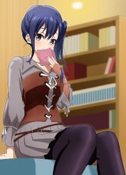 Rule 34 | 1girl, black eyes, black legwear, blue hair, blush, book, bookshelf, breasts, closed mouth, covering own mouth, dress, female focus, hand up, highres, holding, holding book, imai midori, indoors, looking at viewer, medium hair, one side up, shinka (yonkun121), shirobako, sitting, small breasts, solo