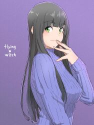 Rule 34 | 1girl, absurdres, black hair, blue sweater, blunt bangs, breasts, closed mouth, copyright name, film grain, fingers to mouth, flying witch, green eyes, hand to own mouth, highres, ishizuka chihiro, kowata makoto, large breasts, long hair, looking at viewer, official art, purple background, ribbed sweater, solo, sweater, turtleneck, turtleneck sweater, upper body