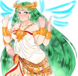 Rule 34 | 1girl, belt, blush, bracelet, breasts, dress, extra arms, green eyes, green hair, iliasmemory, jewelry, kid icarus, long hair, looking at viewer, matching hair/eyes, multi limb, necklace, nintendo, palutena, simple background, solo, thighhighs