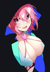 Rule 34 | 1girl, belt, blue shirt, breasts, chloe marie reinhart, choker, cleavage, covered erect nipples, crop top, heart, highres, hood, large breasts, liver city, looking at viewer, open mouth, pink choker, pink hair, purple eyes, shirt, short hair, shunichi, skindentation, smile, solo, v-shaped eyebrows, virtual youtuber