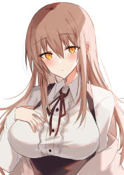 Rule 34 | 1girl, :o, blush, breasts, brown hair, brown ribbon, collared shirt, grey jacket, hair between eyes, hand up, highres, jacket, kinona, large breasts, long hair, long sleeves, medium breasts, neck ribbon, off shoulder, open clothes, open jacket, orange eyes, original, parted lips, ribbon, shirt, simple background, sleeves past wrists, solo, very long hair, white background, white shirt
