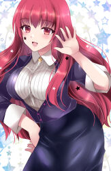 Rule 34 | 1girl, blush, facial mark, fire emblem, fire emblem engage, hand on own hip, highres, kirishima riona, long hair, long skirt, long sleeves, looking at viewer, nintendo, official alternate costume, open mouth, red eyes, red hair, skirt, smile, solo, star (symbol), star facial mark, yunaka (fire emblem)