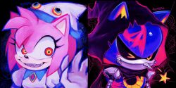 Rule 34 | &gt; o, 1boy, 1girl, 9474s0ul, amy rose, animal nose, clenched teeth, cloak, commentary, english commentary, furry, furry female, hat, highres, hood, hooded cloak, looking at viewer, metal sonic, multicolored eyes, non-humanoid robot, one eye closed, red eyes, robot, sharp teeth, smile, sonic (series), teeth, upper body, yellow eyes