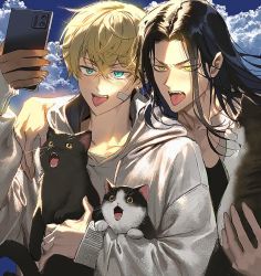 Rule 34 | 2boys, animal, black hair, blue hair, cat, cellphone, character request, cloud, cloudy sky, copyright request, holding, holding animal, looking at phone, male focus, multiple boys, open mouth, outdoors, phone, runa (nori31291404), sky, smartphone, taking picture, tongue, tongue out, too many, too many cats