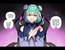 Rule 34 | 1girl, blue hair, blush, breasts, double bun, dress, earrings, english text, gradient hair, green hair, grin, hair bun, hair ornament, hair ribbon, highres, hololive, hololive fantasy, jewelry, looking at viewer, medium hair, multicolored hair, netorare, nyantcha, open mouth, red eyes, ribbon, skull hair ornament, smile, solo, uruha rushia, uruha rushia (1st costume), virtual youtuber