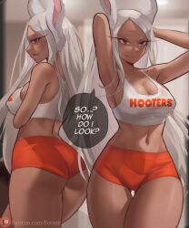 Rule 34 | 1girl, animal ears, arms behind head, arms up, ass, back, bare shoulders, boku no hero academia, breasts, cleavage, crop top, dark-skinned female, dark skin, employee uniform, english text, funi xd, gluteal fold, highres, hooters, large breasts, long eyelashes, long hair, looking at viewer, median furrow, midriff, mirko, multiple views, navel, no legwear, orange shorts, parted bangs, parted lips, patreon username, print tank top, rabbit ears, rabbit girl, red eyes, short shorts, shorts, smile, speech bubble, stomach, tank top, thick thighs, thigh gap, thighs, toned, uniform, very long hair, white hair, white tank top