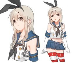 Rule 34 | 1girl, absurdres, anchor hair ornament, black neckerchief, black panties, blonde hair, blue sailor collar, blue skirt, blush, brown eyes, closed mouth, crop top, cropped legs, elbow gloves, gloves, hair ornament, highleg, highleg panties, highres, kantai collection, long hair, miniskirt, multiple views, neckerchief, open mouth, panties, pleated skirt, sailor collar, shimakaze (kancolle), shishamo (domado), simple background, skirt, sleeveless, striped clothes, striped thighhighs, thighhighs, underwear, white background, white gloves