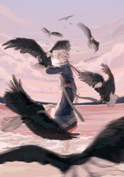 Rule 34 | 1boy, androgynous, animal, animal on arm, arm at side, barefoot, bird, bird on arm, blue robe, choker, cloud, commentary, eagle, earrings, forehead jewel, from behind, gem, grey hair, hair ornament, headband, highres, holding, holding stick, horizon, jewelry, jyuroku (blacksugar 16), landing, light particles, long sleeves, looking back, male focus, motion blur, necklace, ocean, original, outdoors, red gemstone, robe, sash, shore, short hair, sky, standing, stick, sun, symbol-only commentary, traditional clothes, twilight