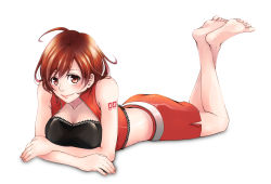 Rule 34 | 1girl, ahoge, barefoot, breasts, brown eyes, feet, full body, greenishrose, highres, large breasts, legs, lips, lying, meiko (vocaloid), miniskirt, on stomach, pencil skirt, red eyes, red skirt, short hair, simple background, skirt, skirt set, smile, soles, solo, tattoo, the pose, vest, vocaloid
