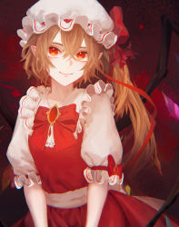 Rule 34 | 1girl, absurdres, blonde hair, brooch, crystal, dress, eyebrows hidden by hair, flandre scarlet, hair between eyes, hat, highres, jewelry, light smile, looking at viewer, mob cap, one side up, red dress, red eyes, shion (reira), short hair with long locks, solo, touhou, white hat, wings