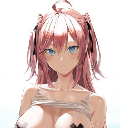 Rule 34 | 1girl, ahoge, bare shoulders, black ribbon, blue eyes, blush, breasts, breasts out, closed mouth, clothes lift, collarbone, hair ribbon, hiiragi yuuichi, large breasts, long hair, looking at viewer, original, pasties, pink hair, ribbon, simple background, smile, solo, two side up, upper body, very long hair, wet, white background