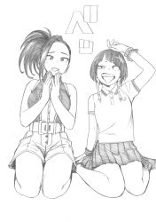 Rule 34 | 2girls, absurdres, alternate costume, arm up, audio jack, bare arms, belt, belt buckle, blush, boku no hero academia, breasts, bright pupils, buckle, buttons, commentary request, greyscale, highres, horikoshi kouhei, jirou kyouka, looking at another, looking at viewer, monochrome, multiple girls, official art, open mouth, own hands together, pleated skirt, ponytail, seiza, shirt, short sleeves, shorts, simple background, sitting, skirt, sleeveless, sleeveless shirt, steepled fingers, teeth, tongue, tongue out, traditional media, white background, white pupils, yaoyorozu momo