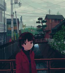 Rule 34 | 1girl, animated, animated gif, asymmetrical hair, bird, black sweater, blinking, brown hair, building, car, derivative work, expressionless, hair ornament, hairclip, house, iwakura lain, jacket, looking at viewer, motor vehicle, outdoors, overcast, pixel art, plant, power lines, red jacket, river, road sign, serial experiments lain, short hair, sign, sky, solo, sweater, toyoi yuuta, train, tree, upper body, water