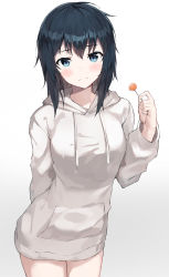 Rule 34 | 1girl, absurdres, arm behind back, black hair, blue eyes, blush, borrowed character, breasts, candy, closed mouth, contrapposto, cowboy shot, dot nose, drawstring, dress, food, hand up, highres, holding, holding food, hood, hood down, hooded sweater, hwanhee, lollipop, long sleeves, looking at viewer, medium breasts, medium hair, no pants, original, pocket, sidelocks, simple background, solo, standing, sweater, sweater dress, white background, white sweater, yokoyama ishimi