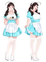 Rule 34 | 1girl, absurdres, ahoge, alternate costume, alternate hairstyle, apron, blue dress, brown hair, dress, food, full body, hair ornament, hairclip, high heels, highres, kantai collection, long hair, looking at viewer, maid headdress, mamiya (kancolle), multiple views, ojipon, pumps, red eyes, shoes, simple background, smile, stiletto heels, thighhighs, tray, twintails, waist apron, waitress, white apron, white background, white footwear, white thighhighs