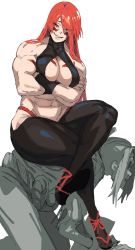 Rule 34 | 1boy, 1girl, abs, biceps, black legwear, body markings, breasts, broad shoulders, cleavage, color contrast, crossed arms, crossed legs, eyelashes, eyelashes visible through hair, facial mark, fuuma kotarou (tenkaichi), halterneck, highres, japanese clothes, large breasts, lips, long hair, looking at viewer, red eyes, red hair, revealing clothes, rope belt, sitting, sitting on person, smile, smug, starhump, tenkaichi nihon saikyou bugeisha ketteisen, thick thighs, thighs, white background, wide hips, wristband