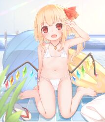 Rule 34 | 1girl, alternate costume, arm at side, arm up, bare arms, bare legs, bare shoulders, barefoot, bikini, blonde hair, commentary request, crystal, fang, flandre scarlet, flat chest, full body, highres, innertube, jewelry, long hair, looking at viewer, low wings, middle w, navel, on ground, open mouth, pendant, poolside, red eyes, sakurea, sandals, side ponytail, sitting, skin fang, smile, solo, swim ring, swimsuit, tareme, touhou, unworn sandals, variant set, w, wariza, white bikini, wings