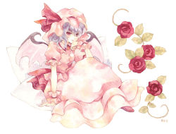 Rule 34 | 1girl, bad id, bat wings, blue hair, female focus, flower, full body, hat, plant, red eyes, remilia scarlet, rose, shiroma (mamiko), short hair, simple background, solo, touhou, white background, wings