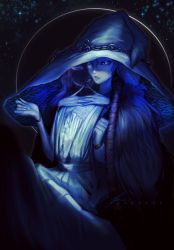 Rule 34 | 1girl, blue dress, blue theme, cloak, dress, elden ring, extra arms, extra faces, flat chest, fur cloak, hat, highres, joints, liche (wiggly liche), looking at viewer, monochrome, own hands together, parted lips, ranni the witch, signature, sky, smile, solo, star (sky), starry sky, witch hat
