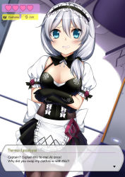 Rule 34 | 1girl, alternate costume, apron, black dress, black gloves, blue eyes, cosplay, detached collar, dress, english text, enmaided, frilled apron, frills, gloves, hair between eyes, hair over shoulder, heads-up display, highres, honkai (series), honkai impact 3rd, low ponytail, maid, maid apron, maid headdress, pantyhose, puffy short sleeves, puffy sleeves, rita rossweisse, rita rossweisse (cosplay), rita rossweisse (umbral rose), rita rossweisse (umbral rose) (cosplay), sheita, short dress, short sleeves, shrug (clothing), sidelocks, silver hair, solo, theresa apocalypse, user interface, waist apron, white apron
