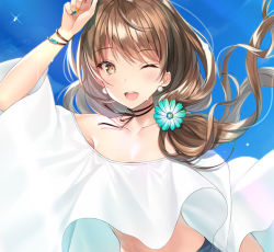 Rule 34 | 1girl, ;d, bare shoulders, blue sky, breasts, brown eyes, brown hair, choker, cleavage, collarbone, earrings, floating hair, flower, glint, hair flower, hair ornament, hand up, jewelry, kagachi saku, long hair, looking at viewer, low-tied long hair, midriff, multicolored nails, nail polish, off-shoulder shirt, off shoulder, one eye closed, open mouth, original, shirt, signature, sky, smile, solo, upper body, white shirt