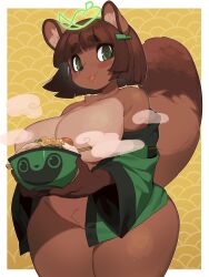 Rule 34 | 1girl, absurdres, blush, breasts, brown hair, convenient censoring, cowboy shot, female focus, food, furry, furry female, green eyes, highres, holding, holding food, kaeritai07, large breasts, looking at viewer, original, raccoon girl, sanjiro (tenshin anman), shiny skin, short hair, solo, standing, tanuki, thick eyebrows, thick thighs, thighs, tongue, tongue out, wide hips, yellow background
