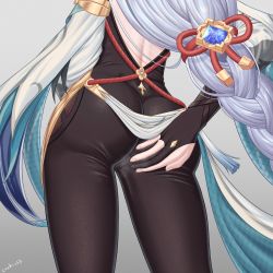 Rule 34 | 1girl, artist name, ass, ass focus, ass grab, bodysuit, braid, breasts, bridal gauntlets, deep skin, detached sleeves, from behind, genshin impact, grey background, hair ornament, hand on own ass, highres, long hair, low-braided long hair, low-tied long hair, shenhe (genshin impact), shiny clothes, silver hair, single braid, skin tight, solo, suzhi2333, very long hair