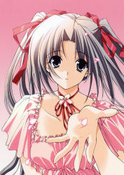 Rule 34 | 1girl, absurdres, grey eyes, grey hair, hair ribbon, highres, neck ribbon, original, outstretched hand, petals, ribbon, solo, suzuhira hiro, twintails