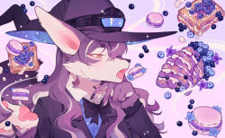 Rule 34 | 1girl, animal ears, animal hands, blue shirt, blueberry, bow, bowtie, bread, bread slice, brown eyes, claws, collared jacket, collared shirt, commentary, constellation print, english commentary, fangs, food, forked tongue, fox ears, fox girl, fox tail, fruit, furry, furry female, gradient background, hands up, hat, highres, huckypaw, jacket, jam, long hair, long sleeves, looking at viewer, macaron, multicolored hair, open mouth, original, pink background, purple background, purple bow, purple bowtie, purple fur, purple hair, purple hat, purple jacket, purple theme, shirt, solo, streaked hair, tail, toast, tongue, tongue out, too much food, upper body, white hair, witch hat