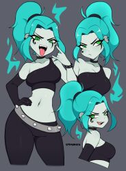 Rule 34 | 1girl, absurdres, breasts, danny phantom, ember mclain, female focus, ghost, goth fashion, green eyes, hand on own hip, highres, leather, leather pants, legs, medium breasts, midriff, naughty face, navel, pants, solo, thighs, wide hips